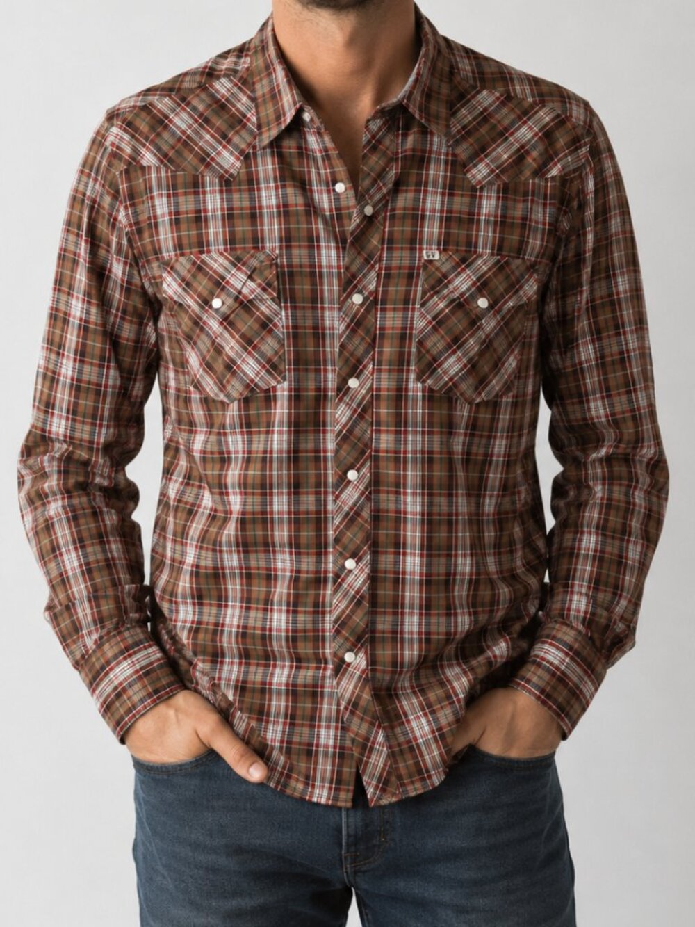 Salt Valley Western Plaid Snap Button Shirt Brown Red Green Size Large